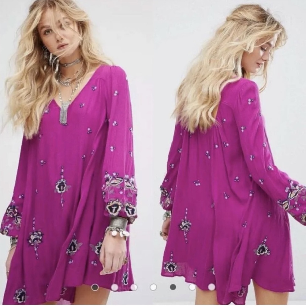 Free People Magenta Embroidered Boho Mini Dress